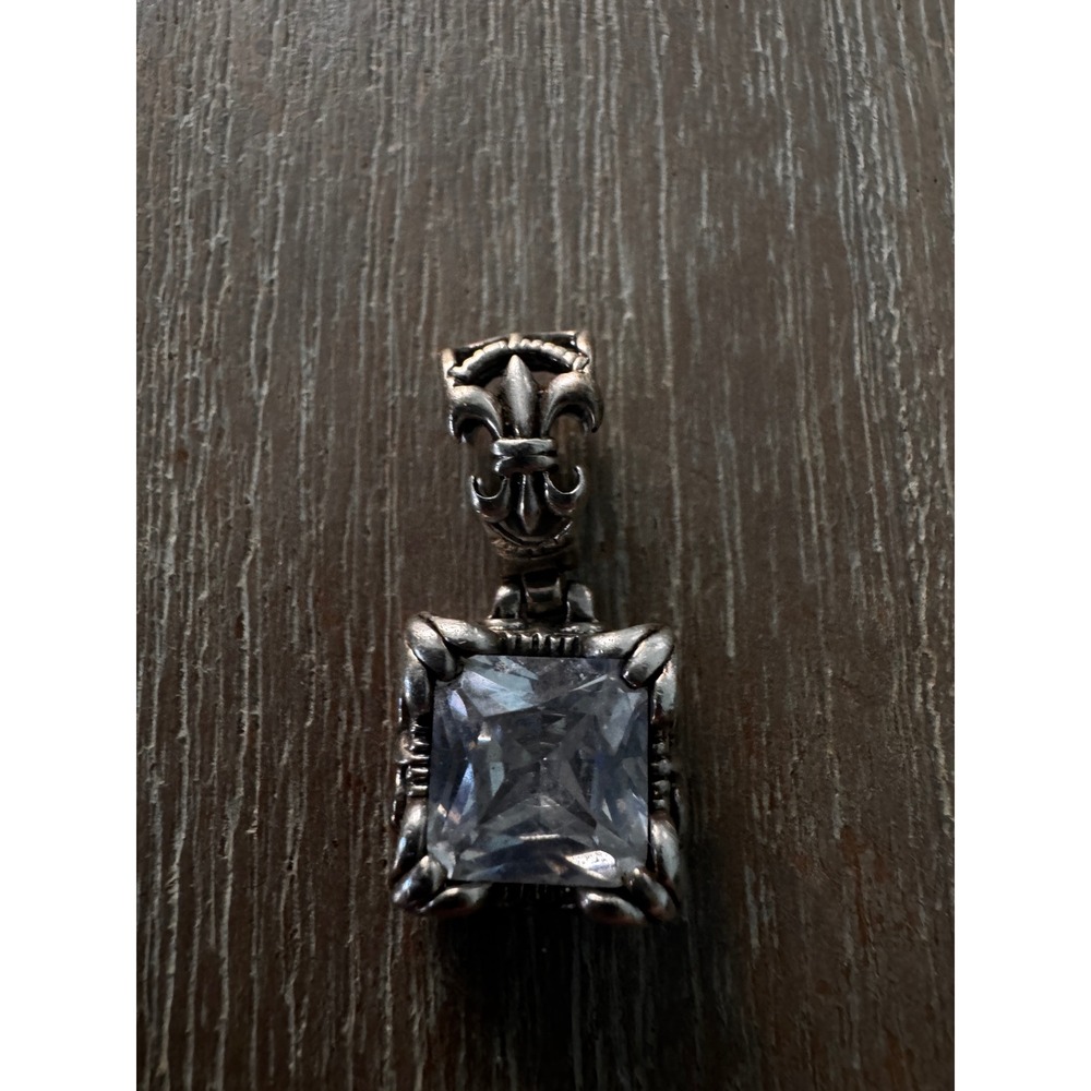 Gothic Fleur de Lis Square Crystal Pendant Necklace Sterling Silver‎ Tone